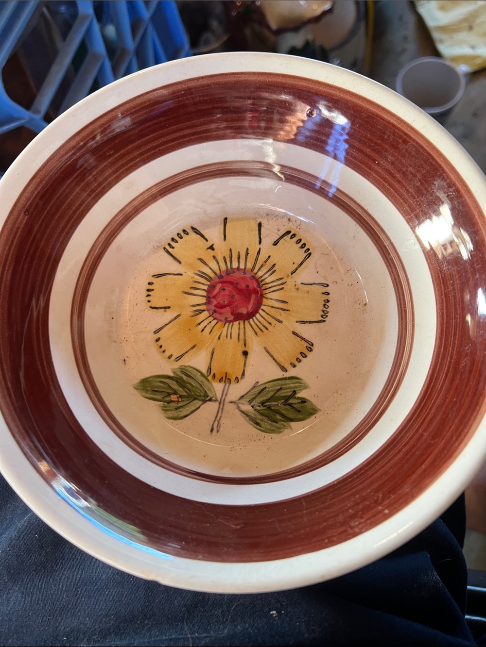 Source Unknown Hand-Painted Ceramic Bowl with Yellow Flower and Brown Rings